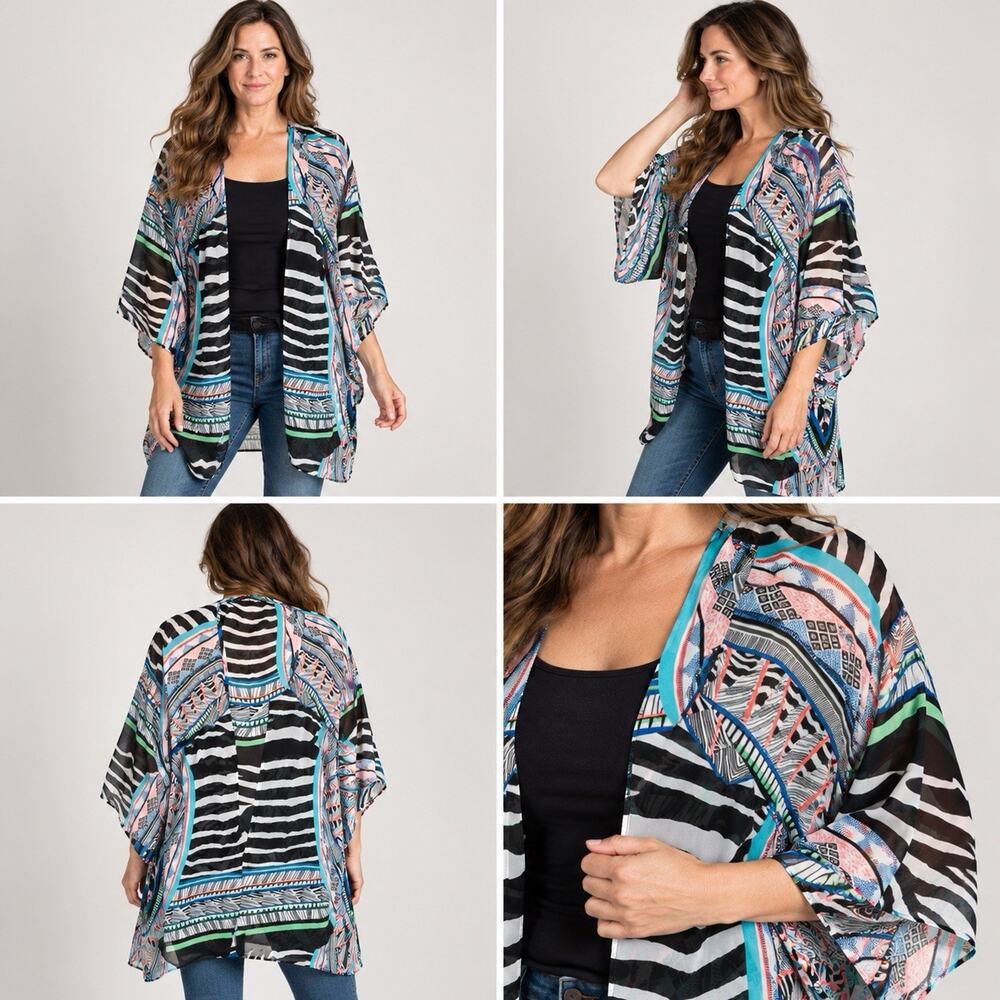Express Kimono Womens XS Multicolor Geometric Zebra Print Sheer Open Front Boho